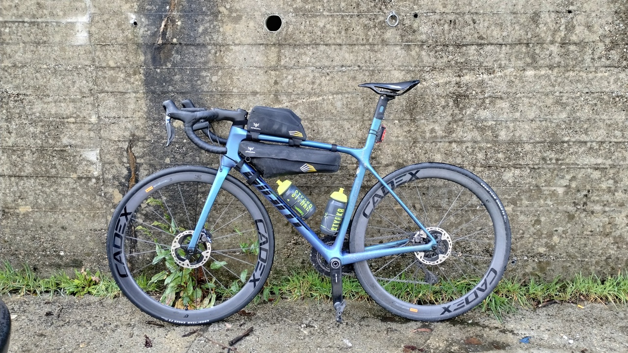 Alex's blue Giant TCR, with Cadex wheels and apidura racing top tube and frame bags, leaning on a concrete wall