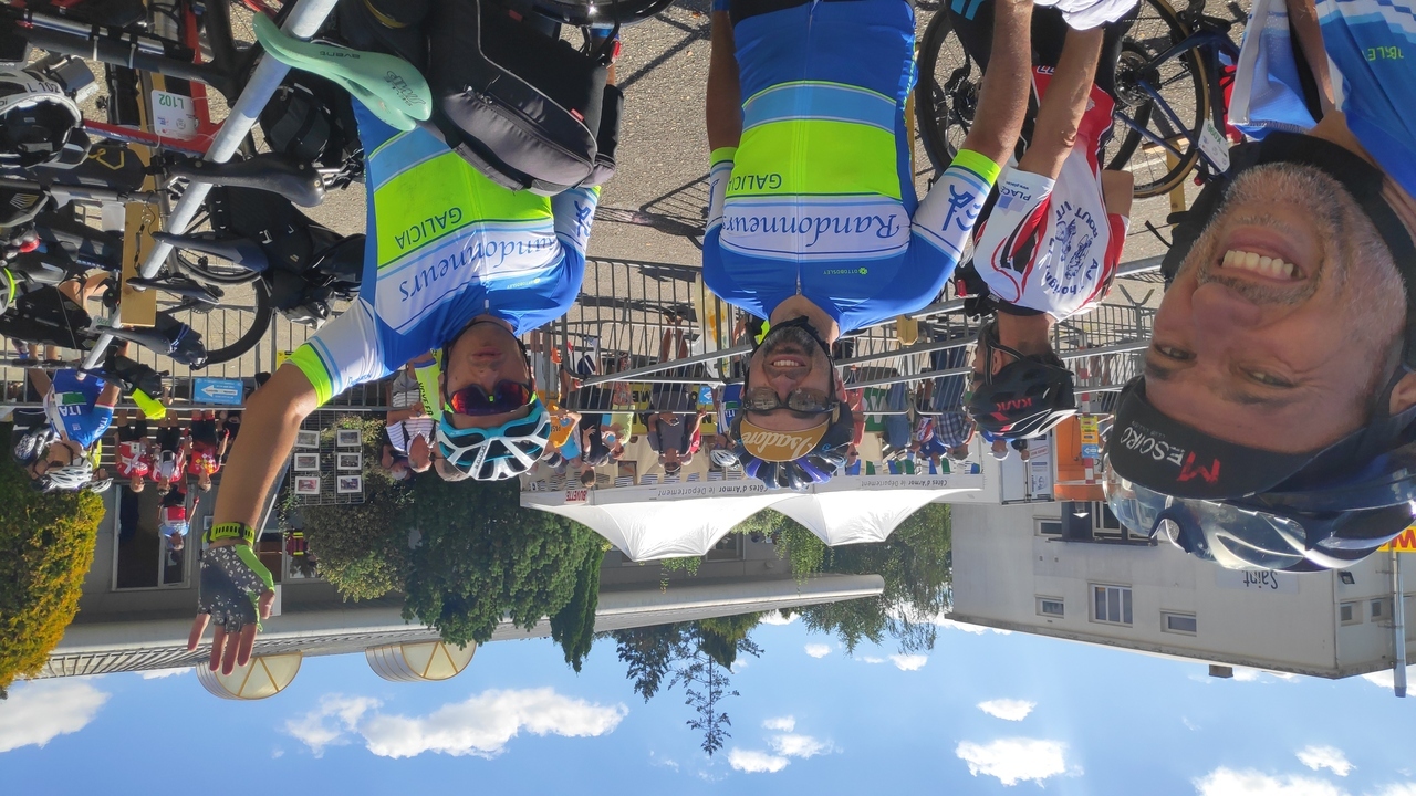 The Three Musketeers, after arriving in Loudèac, bikes parked and ready to get our booklets stamped once again