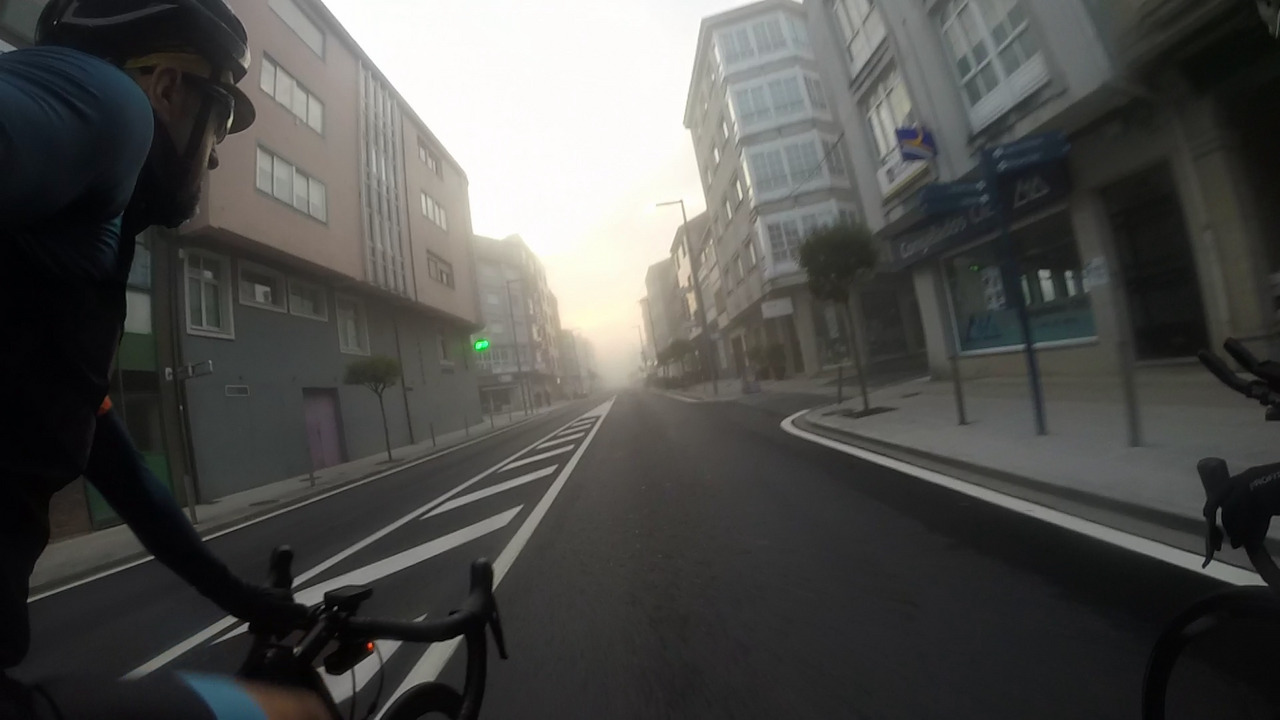 Myself, riding through empty and misty Arzua at 7:15 in the morning