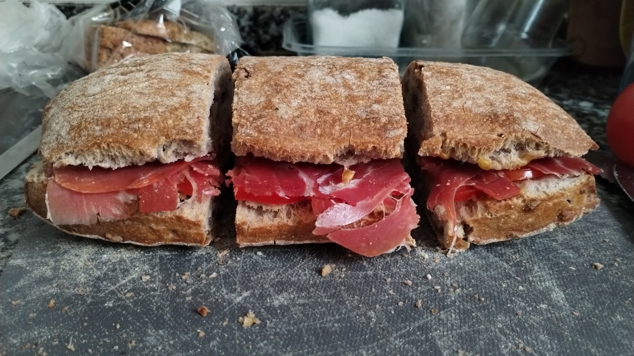 A picture of the 'bocadillo de jamon' I prepared to bring with me during the brevet, already sliced into three pieces.