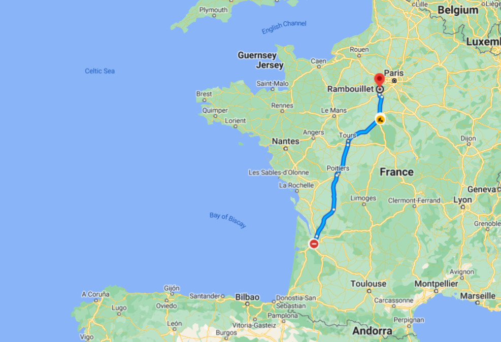 A map (from google maps) showing the route from Bourdeaux to Rambouillet we followed on our trip