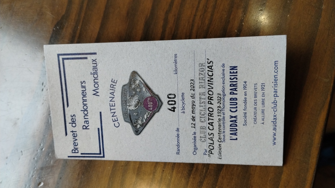 The front part of my brevet card, a special one commemorative of the centenaire of the celebration of the first 400 Brevet in history