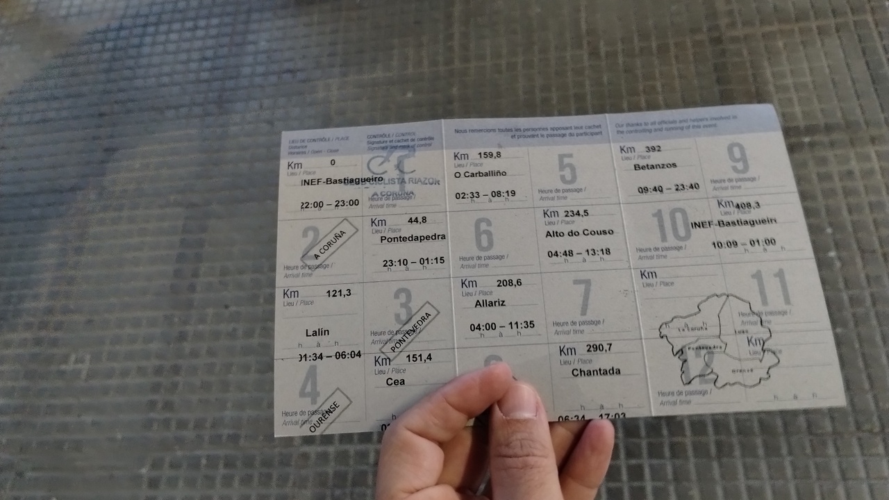 My brevet card, fully open, showing the information about the checkpoints