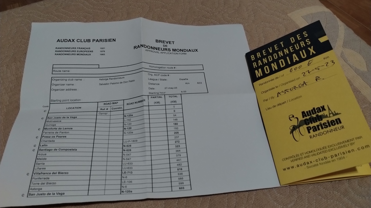 My brevet card and a paper with the checkpoints and crossroads for the brevet