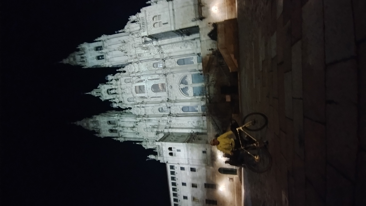 Valentin and his synapse, in front of the cathedral of santiago de compostela, at night