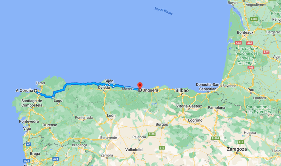 A map (from google maps) showing the route from A Coruña to Unquera we followed on our trip