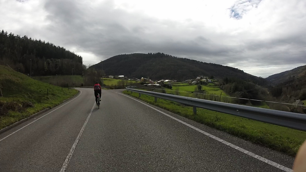 Dani speeding down the other side of the climb to Entorcisa, another nice view of a valley, this time to our right.