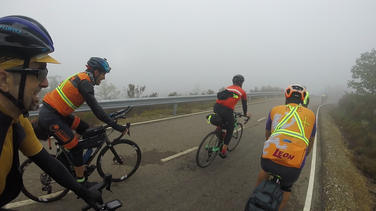 Me, Roberto, Enekoitz and Saúl, going up Puerto de Foncebadón, when the fog started to be thicker and thicker