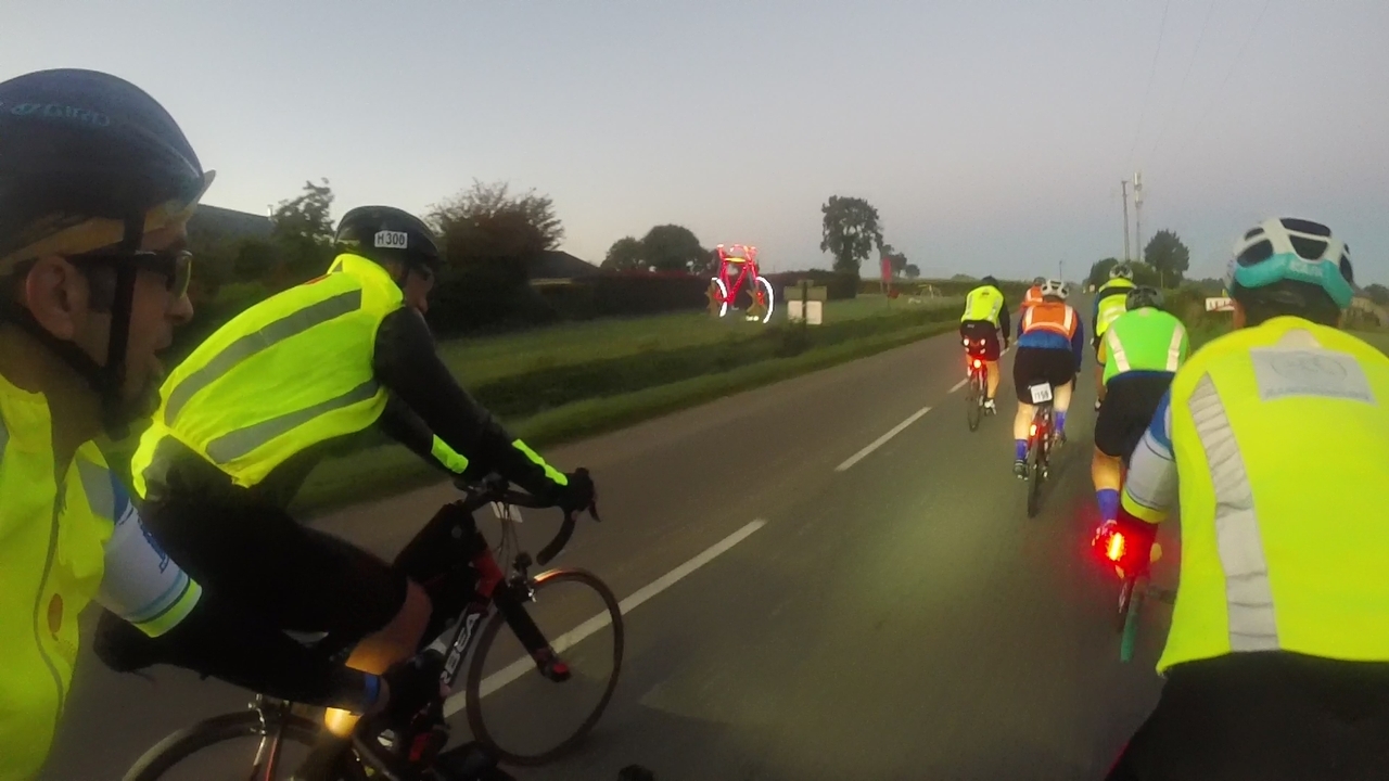 Leaving Le Loroux, still riding with company and passing by one of those bikes all lighted up with led stripes