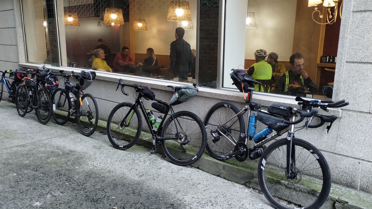 All our bikes, parked outside the churreria where we had a proper breakfast in Melide