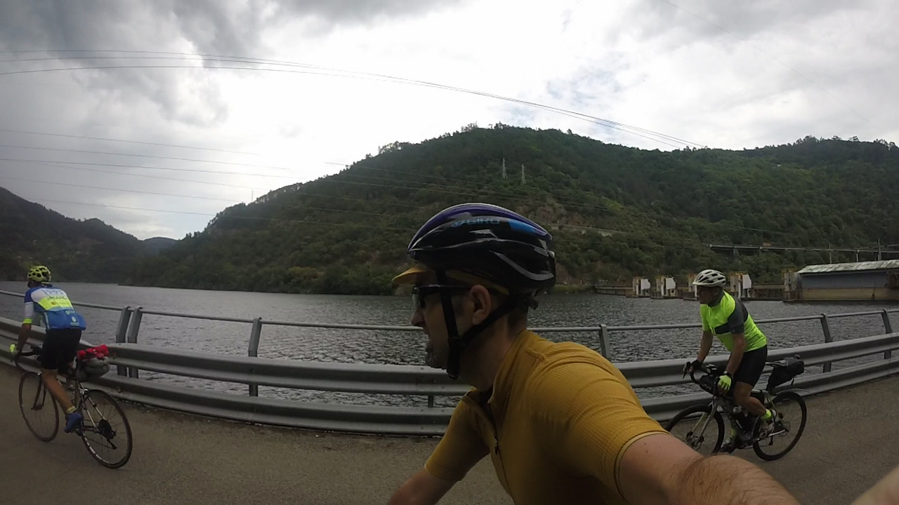 Manolo, me and Valentín, just after the dam at Os Peares, taking the road by the river
