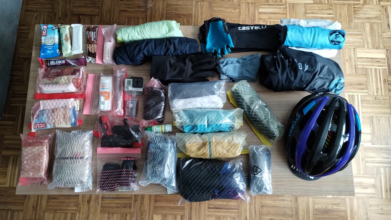 Everything I was going to bring with me to the Brevet, packaged in ziploc bags and ready to be packaged into the top tube, frame and saddle bags
