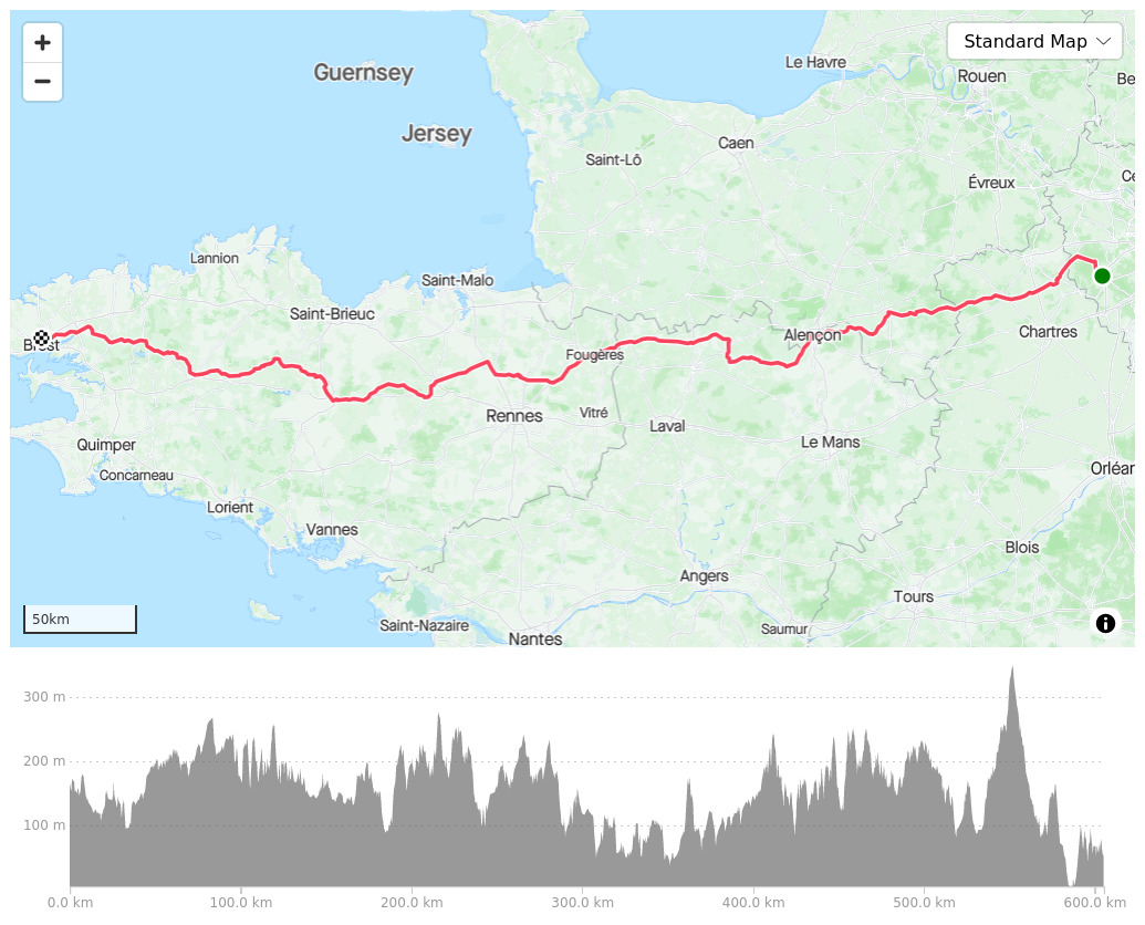 A map showing part of France with a red line showing the route from Paris to Brest