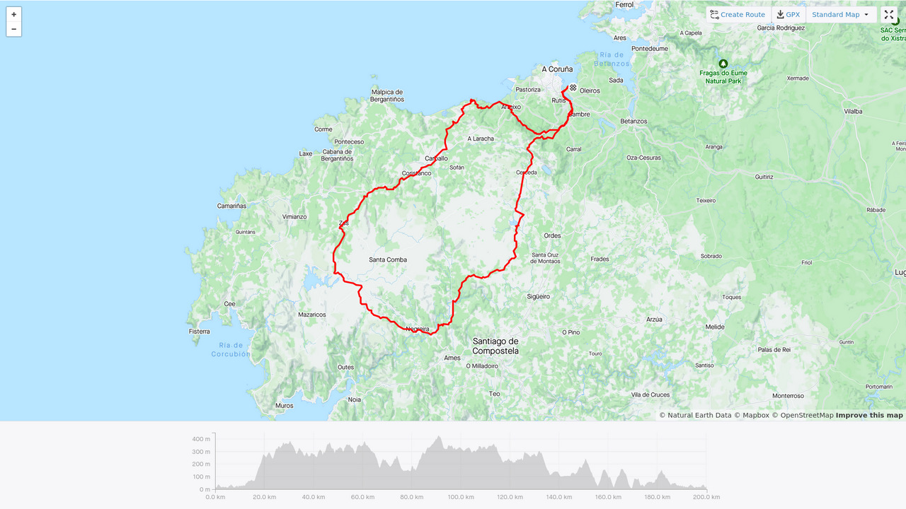 A map showing the route of the Brevet, with a distance and elevation chart below