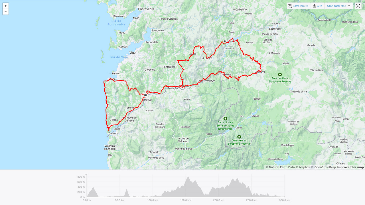 A map showing the route of the Brevet, with a distance and elevation chart below