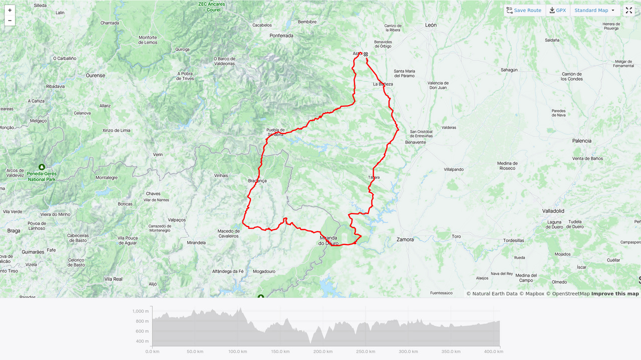 A map showing the route of the Brevet, with a distance and elevation chart below