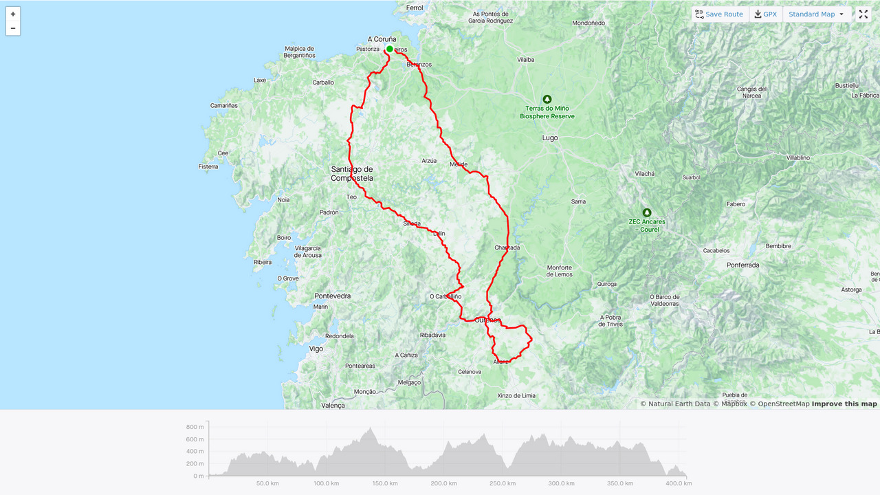 A map showing the route of the Brevet, with a distance and elevation chart below
