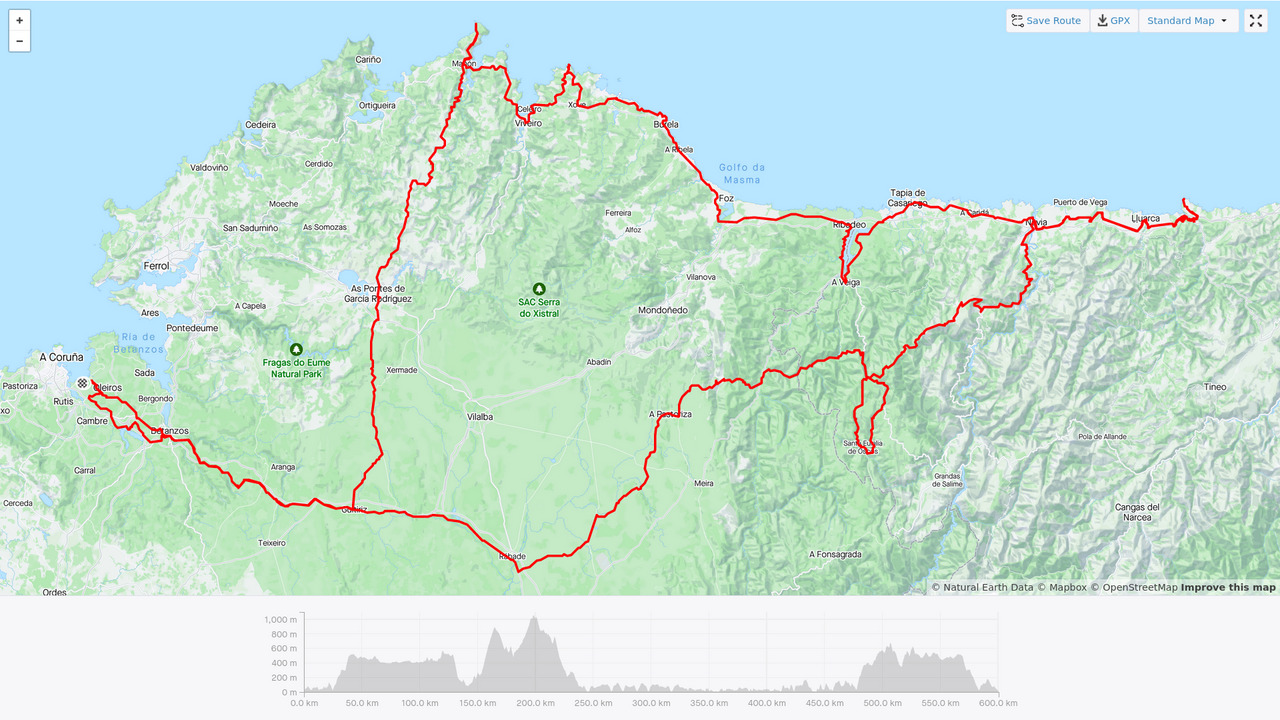 A map showing the route of the Brevet, with a distance and elevation chart below