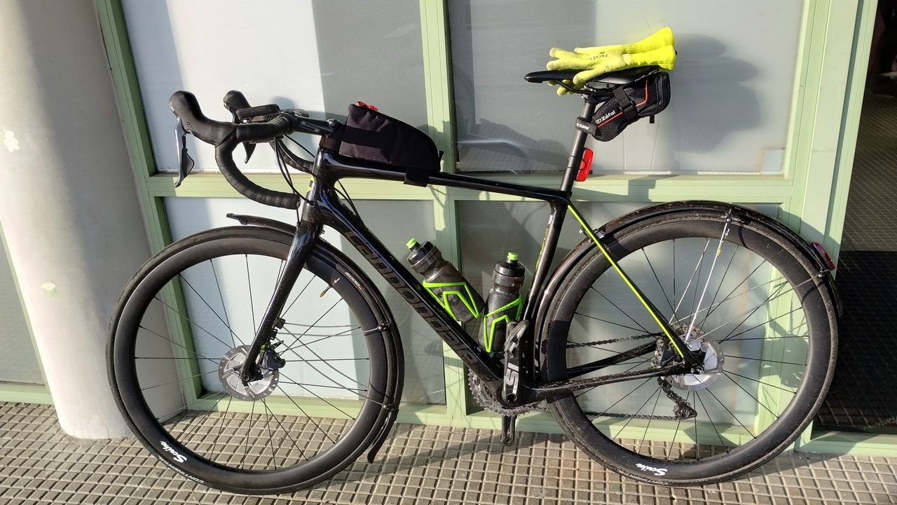 The synapse with gillet and gloves over the seat, after the Brevet