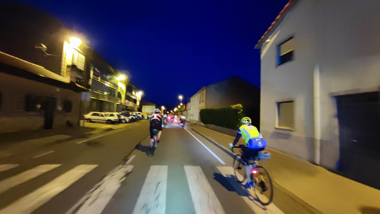 A blurry picture of the whole group at the start of the Brevet, riding through Astorga. Photo courtesy of Roberto Fernandez Perez