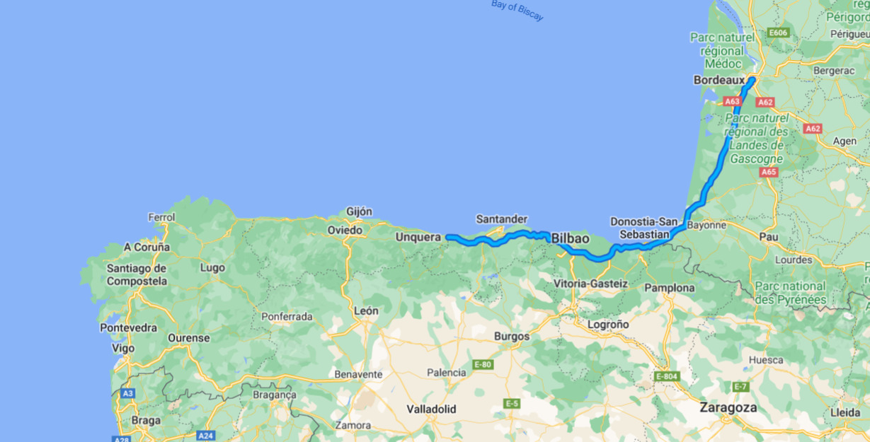 A map (from google maps) showing the route from Unquera to Bourdeaux we followed on our trip
