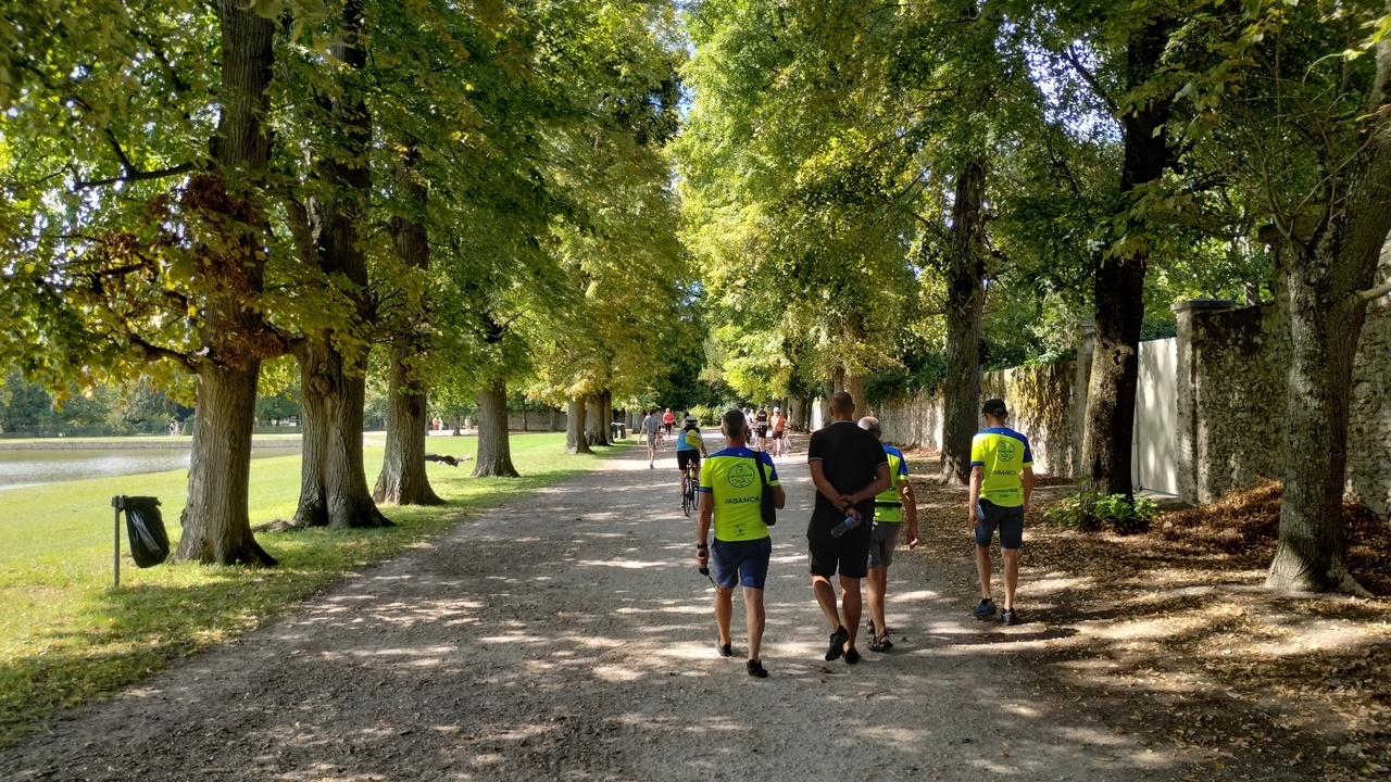 The guys, walking on a path through the gardens, on direction to the castle of Rambouillet