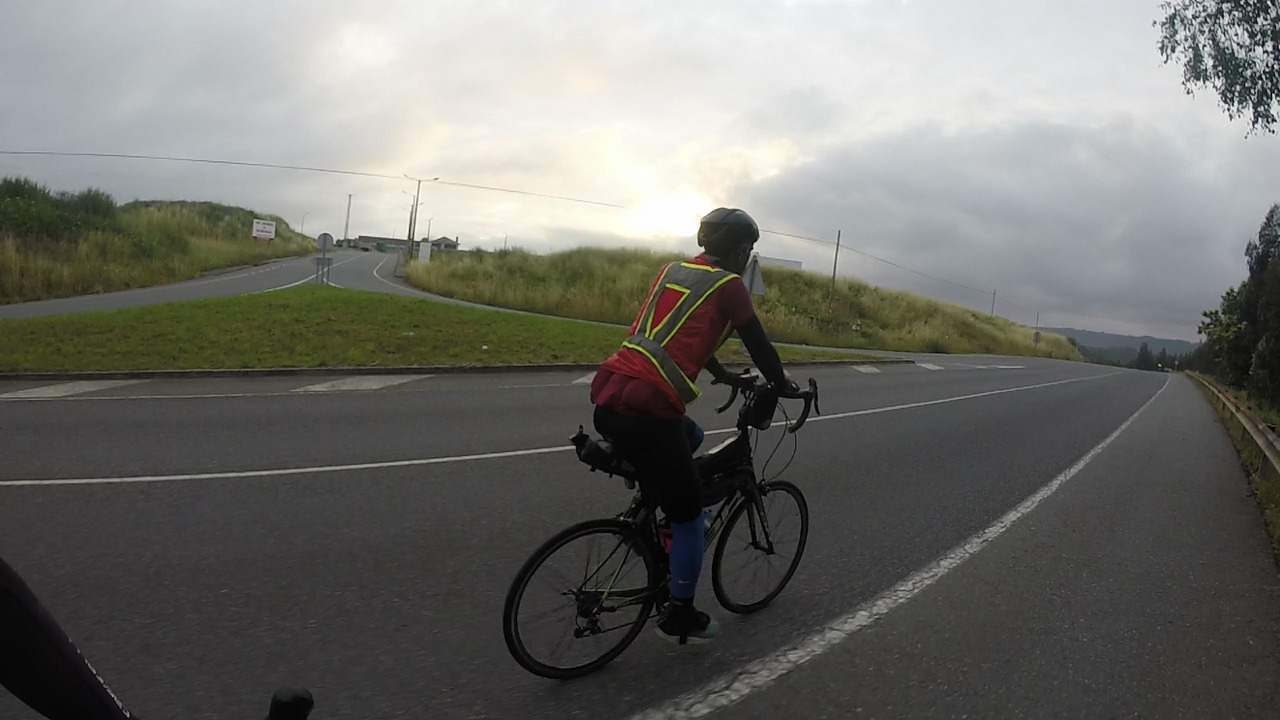 One of the participants on the brevet, riding a road bike with a very weird handlebar setup